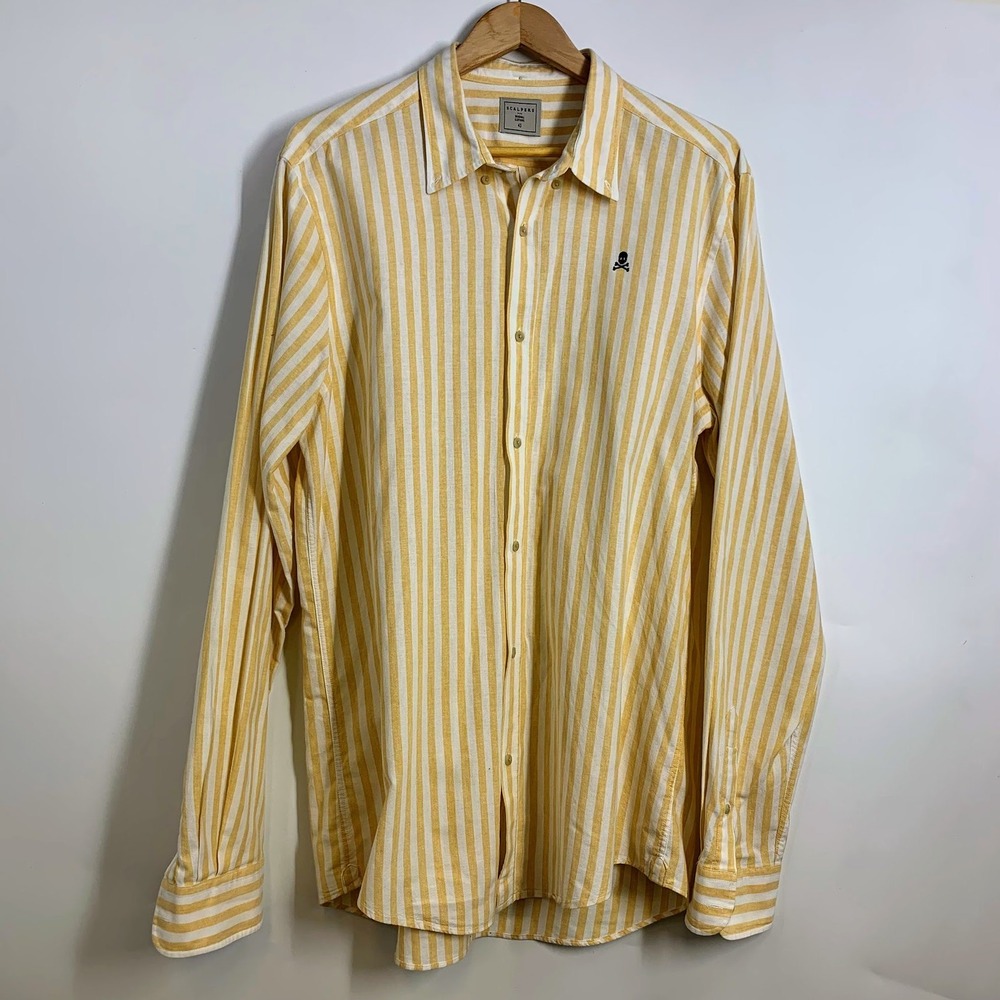 Scalpers Yellow White Stripe Skull Logo Button Down Shirt Mens XL